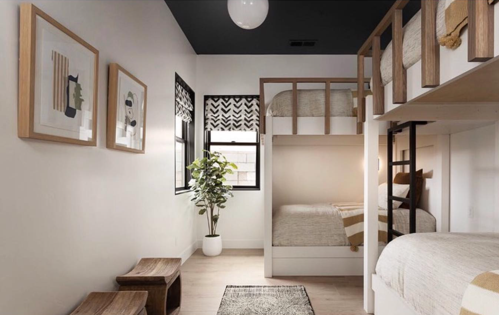 Small bedroom with bunk beds, framed pictures, and a plant.